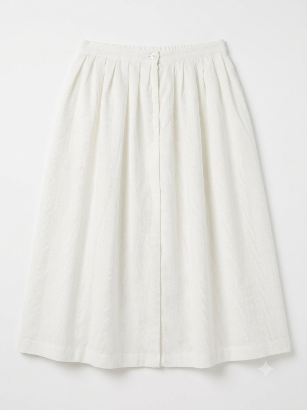 Euro Summer Vintage Ivory Button Front Pleated Midi Skirt Textured Woven Cottage